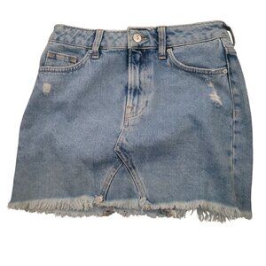 H&M Divided Distressed Light Blue Denim Mini Skirt With Raw Hem & Front Slit - S